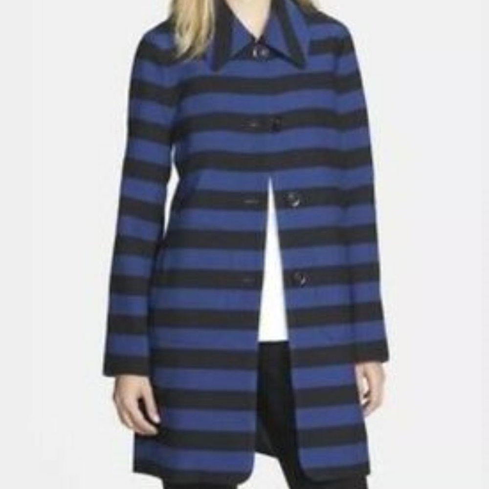 MOVING SALE- Trina Turk Zoe Striped Black/Blue Peacoat Long Jacket Coat